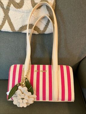 🩷Betsey Johnson XOMACK pink & beige striped satchel handbag w/flower charm NWT